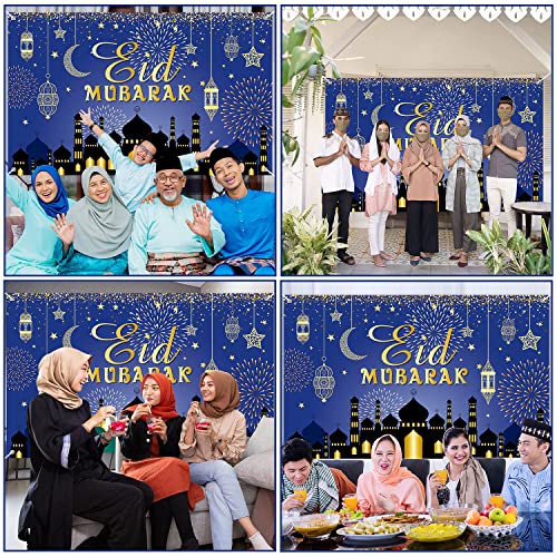 Large Eid Mubarak Party Decorations, Blue and Gold Ramadan Mubarak Backdrop Banner, Muslim Ramadan Banner Photo Booth Backdrop for Eid Mubarak Indoor and Outdoor Home Decor