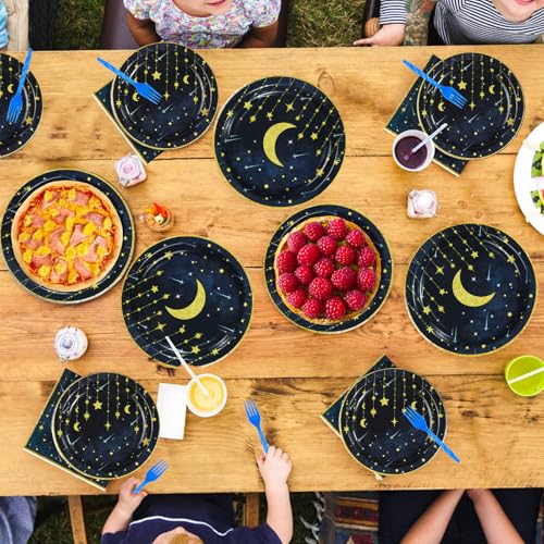 Grencian Gold Star Moon Party Supplies - 96Pcs Moon and Stars Party Supplies Plates and Napkins Navy Blue Celestial Hanging Crescent Disposable Tableware for Celestial Birthday Decorations Serve 24 - style: Navy Blue Stars Moon Sets