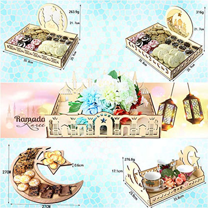 Ramadan Tray, Ramadan Wood Tray Moon Star Eid Mubarak Dessert Tray Ramadan Decorations, DIY Serving Tableware for Breakfast Dinner Dessert Pastry Display Holder Eid Decoration Ornament