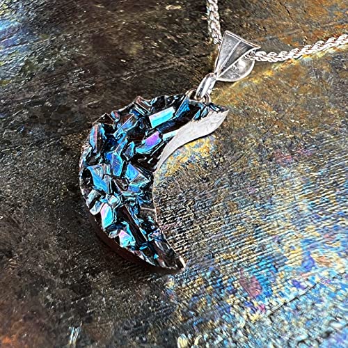 Once in a Blue Moon Necklace, Handmade Bismuth Pendant with Iridescent Crystal on Sterling Silver Chain, Unique Celestial Jewelry