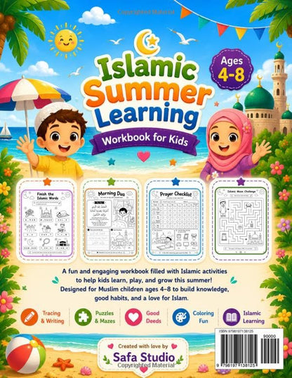 Islamic Summer Learning Workbook for Kids: Fun Islamic Activities, Tracing, Puzzles, Good Deeds, Coloring & Learning for Muslim Children Ages 4–8