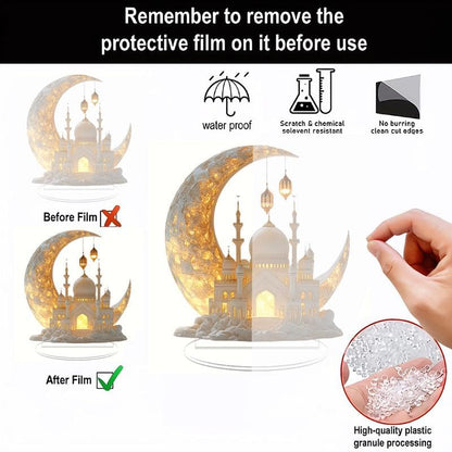 Ramadan Mosque Pattern Table Ornament with Base, 2D Flat Design Acrylic Decoration, Multifunctional Home Decor for Dining Table, Office & Dormitory Desk