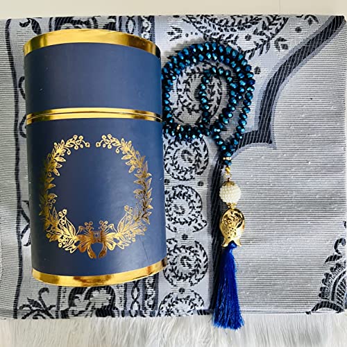 Muslim Prayer Rug, Bag and Prayer Beads I Perfect Islamic Gift I Mawlid Gift I Prayer Rug Travel I Muslim for Men&Women I Soft Islamic Prayer Mat | Luxury Islamic Gifts (Blue, 4 Sets)