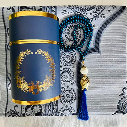 Muslim Prayer Rug, Bag and Prayer Beads I Perfect Islamic Gift I Mawlid Gift I Prayer Rug Travel I Muslim for Men&Women I Soft Islamic Prayer Mat | Luxury Islamic Gifts (Blue, 4 Sets)