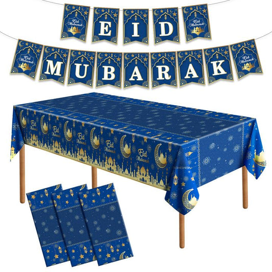 Iceyyyy 4 Pcs Ramadan Party Supplies Decoration Set-108"x54" Disposable Ramadan Mubarak Tablecloth & 32.8Ft Banner-Blue Eid Celebration Decoration for Muslim Ramadan Picnic Home Kitchen Party