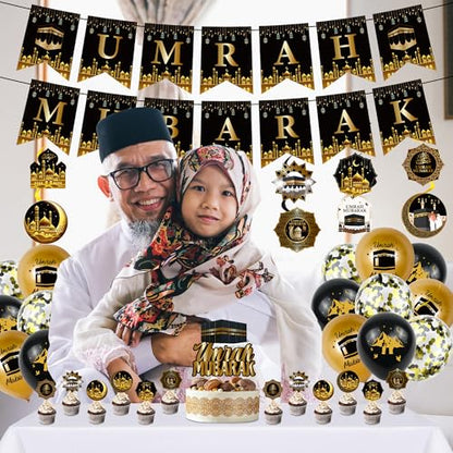 Ramadan Eid Umrah Mubarak Decorations - 41 Pcs Gold Black Eid Mubarak Party Balloons Banners Hanging Swirls Cake Cupcake Toppers Balloon for Lslamic Muslim Umrah Mubarak Festival Party Supplies