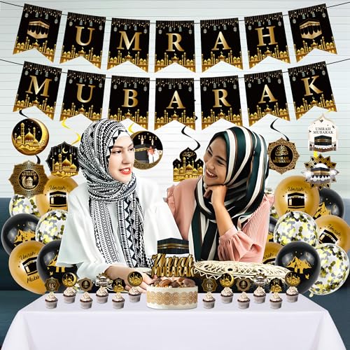 Ramadan Eid Umrah Mubarak Decorations - 41 Pcs Gold Black Eid Mubarak Party Balloons Banners Hanging Swirls Cake Cupcake Toppers Balloon for Lslamic Muslim Umrah Mubarak Festival Party Supplies