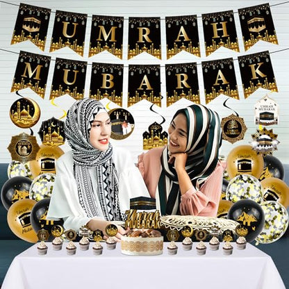 Ramadan Eid Umrah Mubarak Decorations - 41 Pcs Gold Black Eid Mubarak Party Balloons Banners Hanging Swirls Cake Cupcake Toppers Balloon for Lslamic Muslim Umrah Mubarak Festival Party Supplies