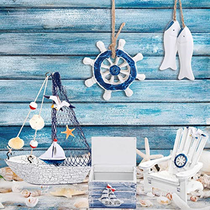 7 Pieces Wooden Box Wooden Lighthouse Mini Sailboat Anchor Fish Hanging Starfish Model Spring Summer Easter Tree Ornament Decoration Aquarium Decor Landscape Tank Ornament Office Mini Garden Landscape - style: Classic
