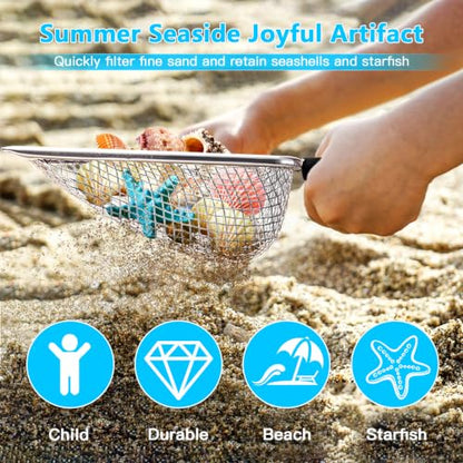 Beach Mesh Shovel for Shell Collecting, Stainless Steel Sand Sifter Scoop for Kids, Sand Scooper Beach Toy for Seashells, Shark Teeth, Sea Glass & Treasure Hunt, Black - color: black