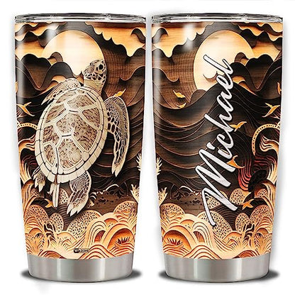 WAZONE Personalized Turtle Tumbler Cup With Lid Animal 20oz 30oz Stainless Steel Wooden Drawings Insulated Coffee Travel Mug Custom Name Customized Present For Turtles Lover Men Women Teen - color: Turtle