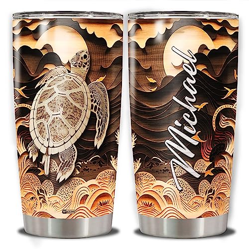 WAZONE Personalized Turtle Tumbler Cup With Lid Animal 20oz 30oz Stainless Steel Wooden Drawings Insulated Coffee Travel Mug Custom Name Customized Present For Turtles Lover Men Women Teen - color: Turtle