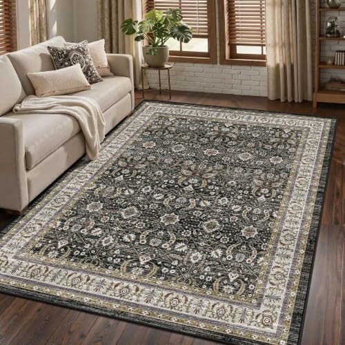 Charcoal Black Farmhouse Area Rugs 5x7, Washable Upgraded Non-Slip Living Room Rug, Vintage Distressed Low Pile Print Pattern Carpet for Kitchen, Bedroom, Dining Room Home Office, Charcoal Black Ivory - color: Charcoal Black/Ivory, size: 5' x 7' (Rectangu