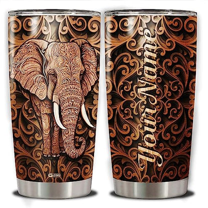 WAZONE Personalized Elephant Tumbler Cup With Lid Animal 20oz 30oz Stainless Steel Wooden Drawings Insulated Coffee Travel Mug Custom Name Customized Gifts For Elephants Lover Men Women Teen - color: Elephant