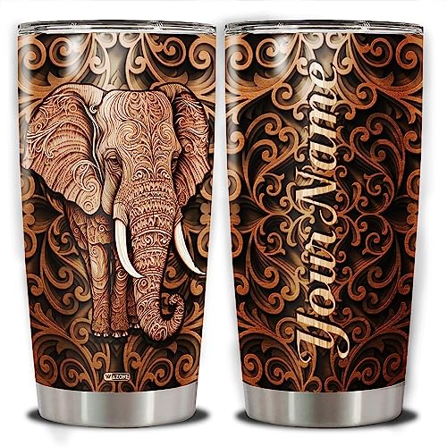 WAZONE Personalized Elephant Tumbler Cup With Lid Animal 20oz 30oz Stainless Steel Wooden Drawings Insulated Coffee Travel Mug Custom Name Customized Gifts For Elephants Lover Men Women Teen - color: Elephant