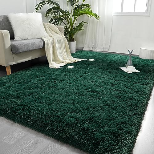 FlyDOIT Large Area Rugs for Living Room, 4x6 Feet Deep-Green Shaggy Rug Fluffy Throw Carpets, Ultra Soft Plush Modern Indoor Fuzzy Rugs for Bedroom Girls Kids Nursery Room Dorm Home Decor - color: Deep Green, size: 4' x 6' (Rectangular)