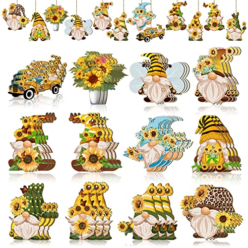 36 Pcs Summer Wood Ornaments Sunflower Gnome Hanging Tree Decor - style: Sunflower
