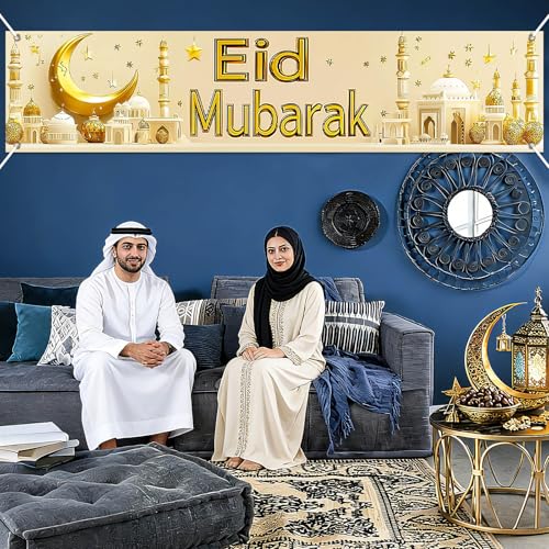 BlissYard Eid Mubarak Large Banner Backdrop 79x18Inch Festive Celebration Display for Eid Al-Fitr Al-Adha Islamic Holiday Wall Banner for Photo Background Ramadan Indoor Outdoor Event Decor