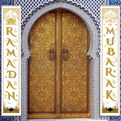 Blulu Ramadan Mubarak Door Banner Ramadan Porch Sign Banner Eid Mubarak Decoration Muslim Hanging Door Decoration for Indoor Outdoor Decor Eid Al-fitr Party Supplies(Gold White) - color: Gold White
