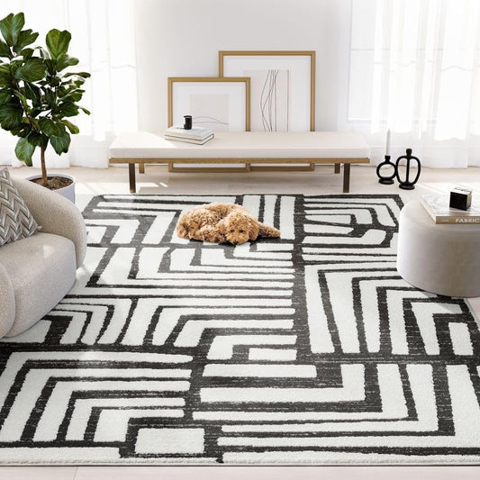 Abani Nomad Cream & Grey Area Rug 6' x 9' for Living Room, Bedroom - Geometric Box Design - Durable & Easy to Clean - size: 6x9