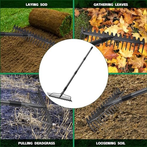 49'' Bow Rake ，17 Tines Metal Head Rakes with Stainless Steel Handle，Heavy Duty Garden Rake for Loosening Soil Gathering Leaf Leveling Lawn Farming Land Management Yarn Thatch Rake - style: 49inch