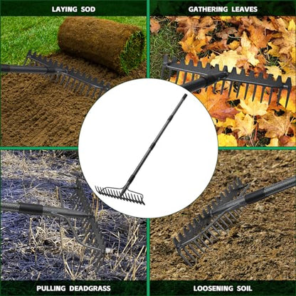49'' Bow Rake ，17 Tines Metal Head Rakes with Stainless Steel Handle，Heavy Duty Garden Rake for Loosening Soil Gathering Leaf Leveling Lawn Farming Land Management Yarn Thatch Rake - style: 49inch