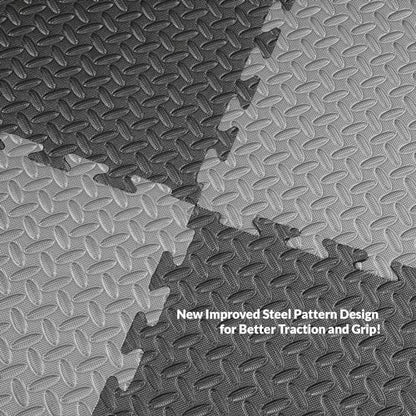 Xspec 1" Extra Thick 48 sq ft Reversible EVA Gym Foam Floor Mat Tiles (24" x 24"), Steel Pattern, 12 pcs, Black & Grey - color: Black