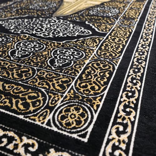 Kaaba Door Islamic Prayer Rug, Embroidered Velvet Janamaz Sajadah - color: Black Kaaba Wall
