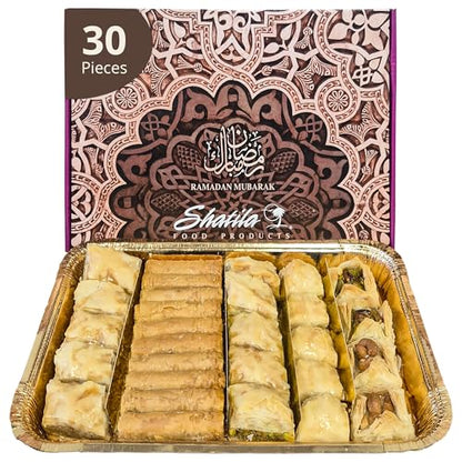 Shatila Food Products Half Ramadan Assorted Fillo Mix Baklava Box, Assorted Baklawa Pastry, Mediterranean Sweets Arabic Desserts, Eid Gifts, 30-Pieces - size: 30 Pieces