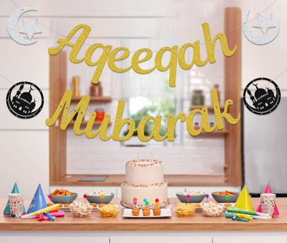 Aqeeqah Mubarak Banner - Eid Party Decorations - Muslim Islam Eid Festival Party Supplies Gold - size: Aqeeqah Mubarak