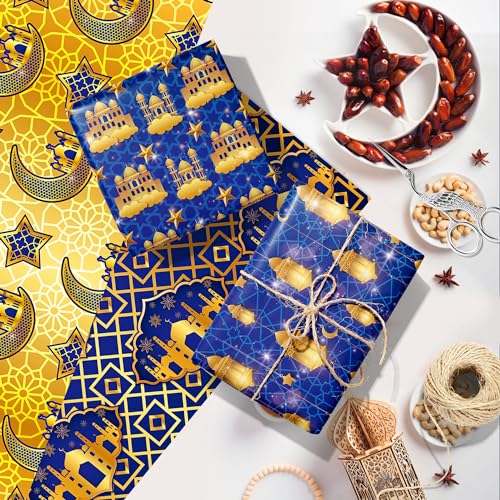Welpurch 12 Sheets Eid Mubarak Wrapping Paper, 20x27in Moon Star Words Lantern Patterns Gift Wrap Paper Ramadan Kareem Wrapping Paper for Islamic Muslim Party Favor Gift Wrapping Crafts Supplies