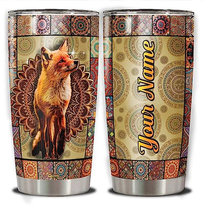 WAZONE Personalized Mandala Fox Tumbler Stainless Steel Insulated Vacuum With Lid Coffee Travel Mug 20oz 30oz Birthday Christmas Cup Customized Name Gifts For Animal Lovers Women Girl Stuff - color: Fox