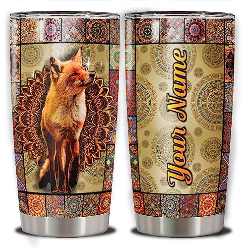 WAZONE Personalized Mandala Fox Tumbler Stainless Steel Insulated Vacuum With Lid Coffee Travel Mug 20oz 30oz Birthday Christmas Cup Customized Name Gifts For Animal Lovers Women Girl Stuff - color: Fox