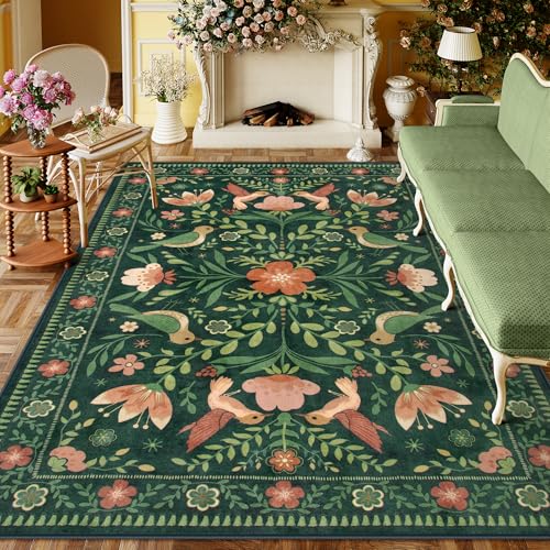 Moynesa Green Washable 8x10 Area Rugs for Living Room Bedroom Dining Room, Modern Cottage Farmhouse Aesthetic Floral Bird Medallion Carpet, Vintage Home Decor Open Floor Areas Protection Non-Slip - color: Green, size: 8' x 10' (Rectangular)