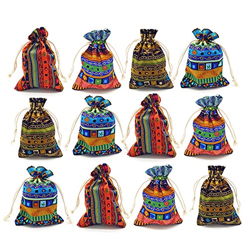 12pc Egyptian Style Jewelry Coin Pouches Aztec Print Drawstring Gift Bag - color: Egypt 12