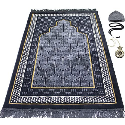 Modefa Turkish Islamic Velvet Prayer Rug - Thick Wide Soft Praying Carpet for Men & Women - Double Plush Large Janamaz - Eid & Ramadan Gift - with Kufi Beads & Car Hanger - Geometric Noor - Black - color: Black