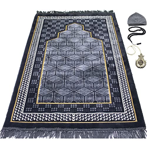 Modefa Turkish Islamic Velvet Prayer Rug - Thick Wide Soft Praying Carpet for Men & Women - Double Plush Large Janamaz - Eid & Ramadan Gift - with Kufi Beads & Car Hanger - Geometric Noor - Black - color: Black