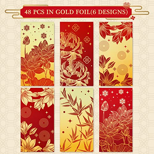 AnyDesign 48 Pcs Chinese New Year Red Envelopes 6 Designs Red Gold Hong Bao Lotus Peony Floral Lucky Money Pocket for Lunar New Year Spring Festival Wedding Birthday Party Supplies, Non-Foil Printing