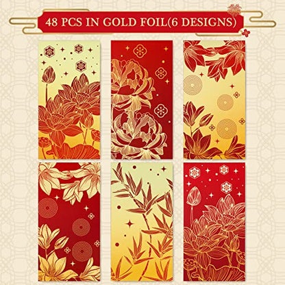AnyDesign 48 Pcs Chinese New Year Red Envelopes 6 Designs Red Gold Hong Bao Lotus Peony Floral Lucky Money Pocket for Lunar New Year Spring Festival Wedding Birthday Party Supplies, Non-Foil Printing