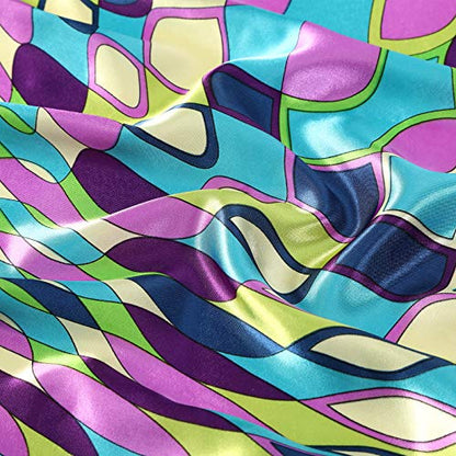 AWAYTR 35” Large Satin Square Head Scarf - 2Pcs Silk Like Floral Head Scarves Square Satin Hair Scarf Bandanas for Women - color: Elliptical Grid(rose+blue)