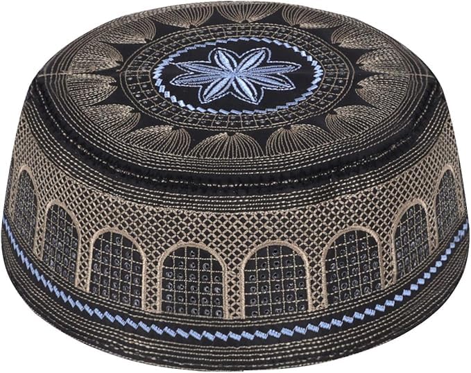 Muslim Prayer Kufi Hat for Men Boys Islamic Beanie Skull Cap Prayer Headwear Embroidery Kofia Topi Sun Hat Ramadan Eid Gift - color: Black-large