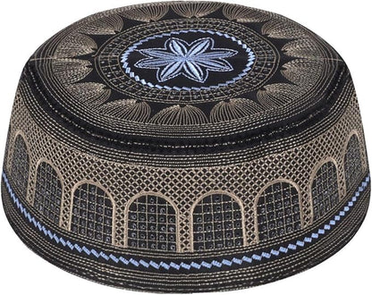 Muslim Prayer Kufi Hat for Men Boys Islamic Beanie Skull Cap Prayer Headwear Embroidery Kofia Topi Sun Hat Ramadan Eid Gift - color: Black-large