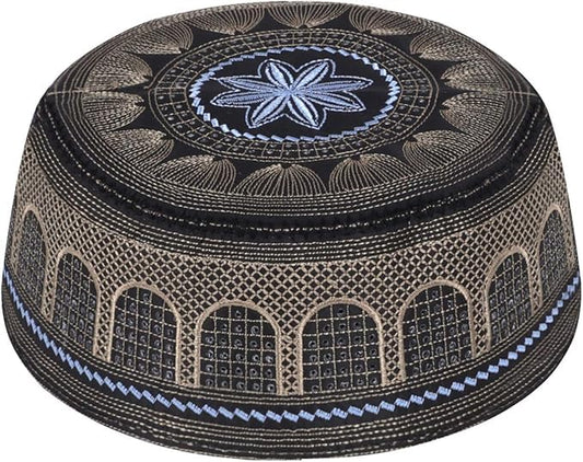 Muslim Prayer Kufi Hat for Men Boys Islamic Beanie Skull Cap Prayer Headwear Embroidery Kofia Topi Sun Hat Ramadan Eid Gift - color: Black-large