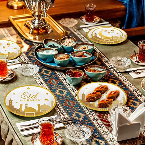 96 Pcs Eid Mubarak Decorations for Home 24 Servings with Festival Paper Plates,Dessert Plates,Napkins and Forks Sets for Eid al-Fitr Decor al-Adha Festival Ramadan Mubarak Muslim Islamic Supplies