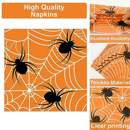 100 Pcs Spiderweb Party Plates and Napkins - Black and White Halloween Tableware Set for 25 Guests - style: Halloween Spider Web