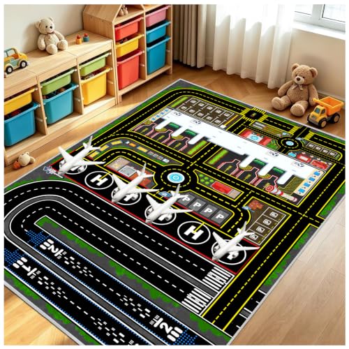 Kids Airport Rug for Boys Playroom Airplane Playmat for Play Toy, 79''x118'' Airport Parking Track Rug Carpet for Playroom Classroom Kids Room, Play Floor Mat Great Gift for Boy Girl. - color: Grey, size: 6'7'' x 9'10'' (Rectangular)
