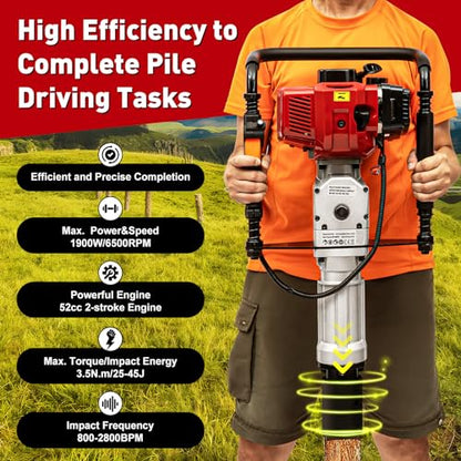 Gas Powered T-Post Driver, 1900W 52CC T Post Pounder Driver Heavy Duty Gasoline, 2-Stroke Fence Farm Push Pile Gasoline Engine Kit for Fence Post Construction Site - size: 52CC