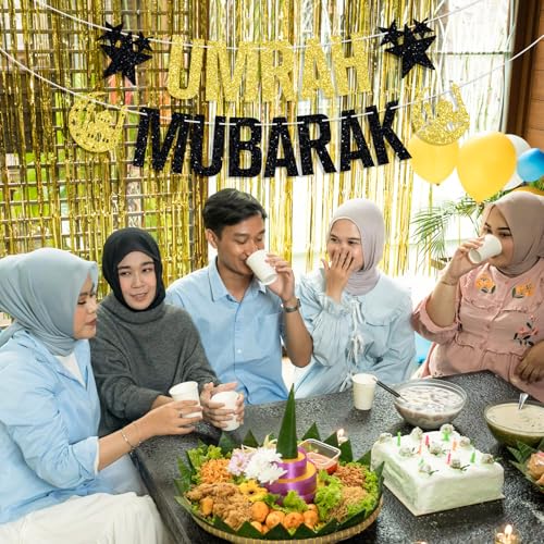 Umrah Mubarak Banner-Eid Mubarak Festival Party Hanging Decorations, Ramadan Kareem/Happy Eid, Hajj Mubarak Umrah Mubarak Islamic Party Supplies Gold and Black Glitter