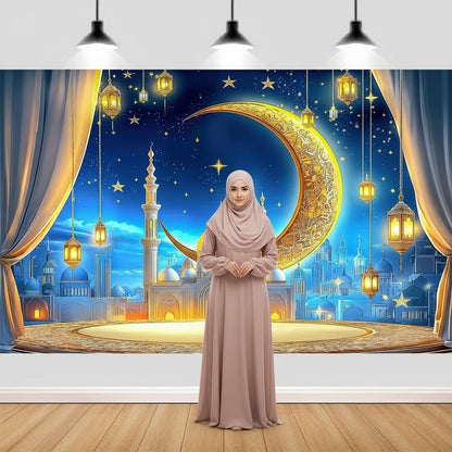 JAWO 7X5ft Ramadan Eid Mubarak Backdrop Banner, Ramadan Mubarak Photography Backdrop Night Lantern Moon Star Castle Islamic Muslim Eid Party Decoration Supplies Banner Photo Booth Prop