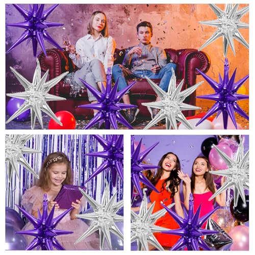 6 Pcs Silver Star Foil Balloons One-Piece 14-Pointed Star Balloon 4D Starburst Cone Mylar Balloon 22inch Christmas Birthday Wedding Wedding Anniversary Party Supplies (Silver + Purple) - color: 22 Inches Silver + Purple